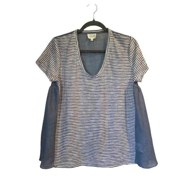 Anthropologie Deletta Babydoll Tunic Size S Striped Chambray Cap Sleeve Top - Picture 1 of 10